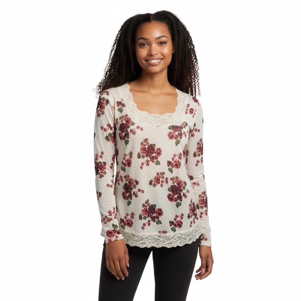 Route66, Women’s White&Red Roses Long Sleeve Top. Lace Trim/Bottom&Neckline. XL